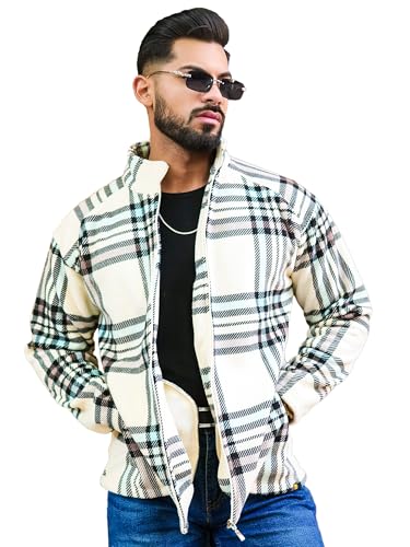 Image of Maniac Mens Checkered Full Zipper Fullsleeve Polyester Blend Fleece Shacket for Men
