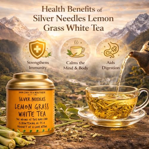 Image of Sancha Tea Boutique, Lemongrass White Tea, 25g Loose Leaf, Pure Silver Needle Buds with Lemongrass, Antioxidant Rich, Caffeine Light & Calming Herbal White Tea
