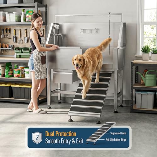 Image of 46 inch Heavy Duty Dog Washing Station - 304 Stainless Steel Pet Bathing Tub with Right Side Ramp, Elevated Grooming Sink with Storage Drawer & Removable Floor Grate, Outdoor Ready for Large & Medium Dogs