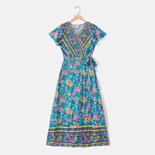 IFFEI Mommy and Me Boho Floral Maxi Dress Matching Summer V-Neck Ruffle Sleeve Family Outfits for Beach Vacation Photoshoots2