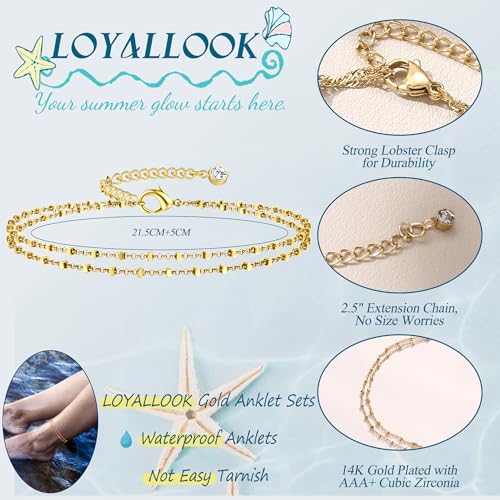 Image of LOYALLOOK Ankle Bracelets for Women Waterproof, 14K Gold Plated Cuban Figaro Link Chain Anklets Non Tarnish, Dainty Layered Anklet Bracelets Adjustable Summer Beach Foot Jewelry