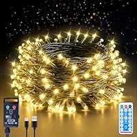 Guijiyi Luci Albero di Natale, 10M 100 LED Luci Natalizie da Esterno ed Interno a Batteria Ricaricabile, 8 Modalità con Funzione Memoria e Telecomando Catena Luminosa per Giardino Balcone Casa Festa