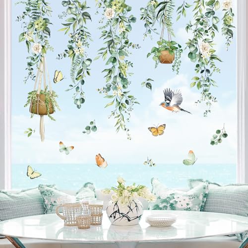 decalmile Autocollants Fenêtre Feuilles Verts Plantes Été Anti-Collision Stickers Fleur Pendaison Vigne Oiseaux Stickers Vitre Anti-Adhésifs Fenêtre Porte...