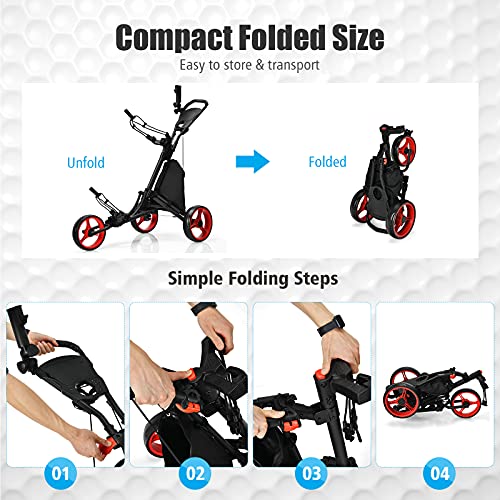 3 Wheel Golf Trolley, Folding Golf Cart with Storage Bag, Umbrella Holder, Foot Brake & Built-in Cooler, Portable Golf Push Trolley - Image 4