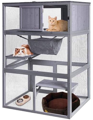 Wooden Cat House Outdoor Cat Enclosure with 3 Floors and Weatherproof Roof Indoor Large Cat Catio for Cats with Hammock & Resting Box