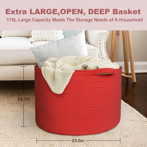 Image of MEGASKET 115L Extra Large Red Basket for Organizing, 23.6 inchx15.7 inch Jumbo Woven Cotton Rope Bins for Blankets, Baby Nursery Laundry Basket, Kids Dog Toy Storage Box, Huge Red Living Room Decor Organizer