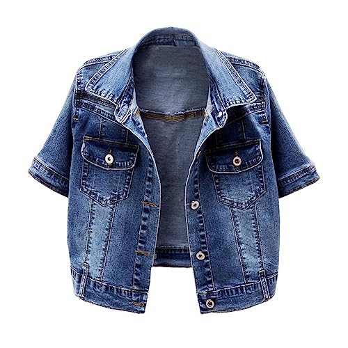 Women Short Sleeve Denim Jacket Button Down Shawl Stretch Denim Jean Jacket