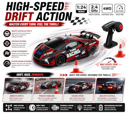 Image of Remote Control Sports Car & Off-Road SUV Toy for Kids, High Speed RC Racing with Wireless Remote, Realistic Lights & Premium Design Gift for Boys Girls (1:24 ENITRO Drift CAR)