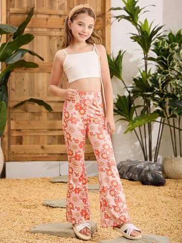 Image of OYOANGLE Girl's Boho Floral Print Elastic Waist Flared Leg Pants Casual Bell Bottom Trousers