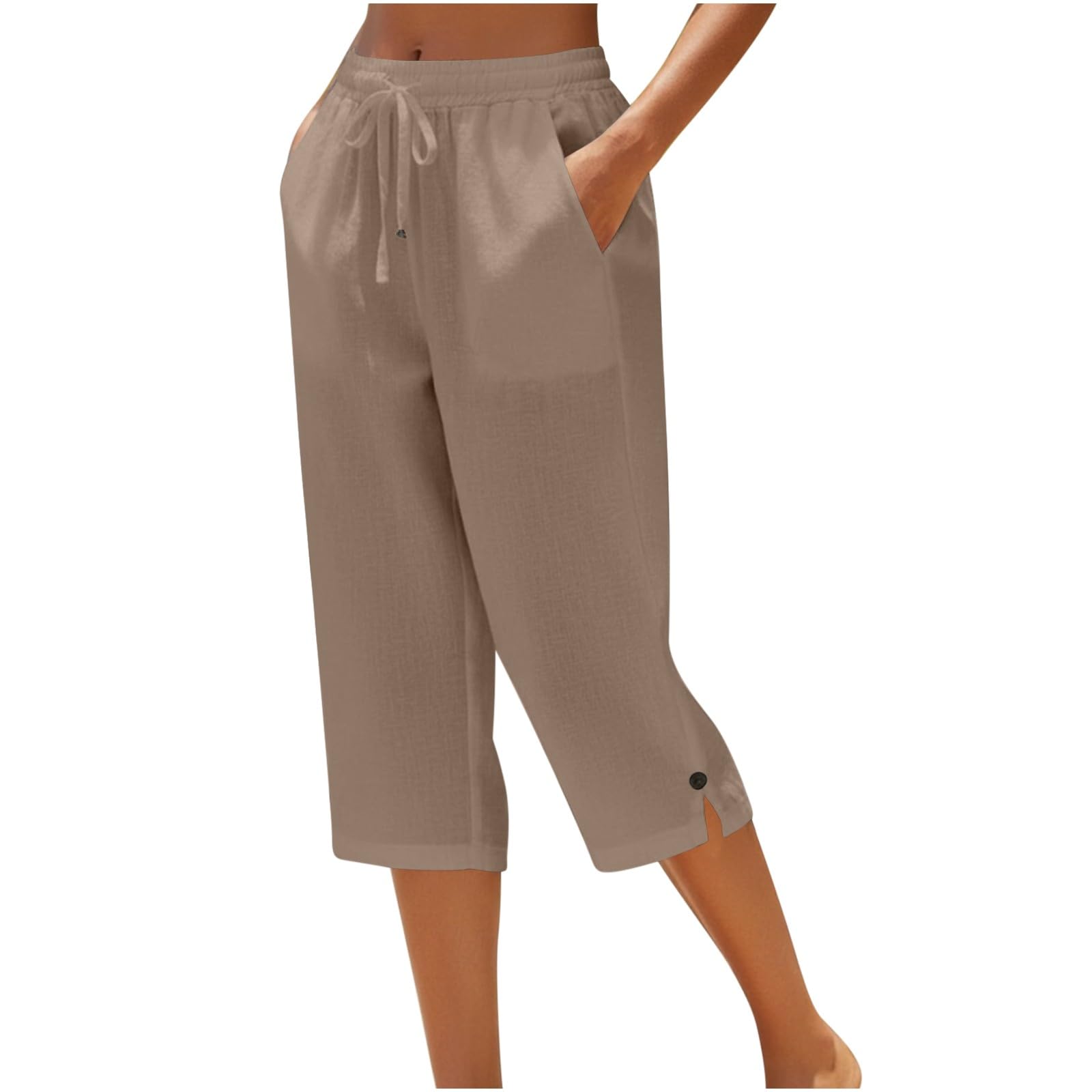 LRMQS Cotton Capri Pants for Women Loose Fit Straight Leg Drawstring Elastic Waist Cropped Pant Casual Summer Linen Clothes — view 12