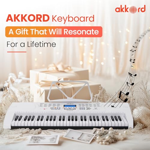 Image of Akkord 61-Key Octave Electronic Keyboard with adapter- LCD Display| USB Input| Mic |Music Sheet Stand | 255 Rhythms | 255 Timbres | 24 Demos | White
