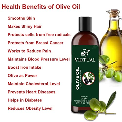 Image of VIRTUAL 100% Pure Natural Olive Oil For Shine & Stronger Hair, Skin Care & Cold Pressed Natural Oil for Multipurpose Use (180ml)-Pack of 2