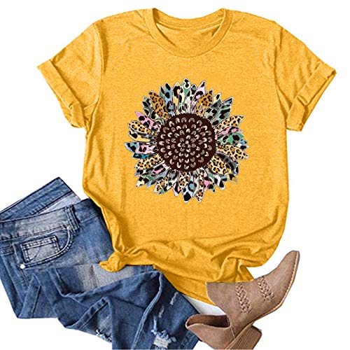 OutTop01 Women Tops Summer Casual Short Sleeve Sunflower Graphic Tees Workout Shirts Blouses Womens Crewneck Tshirts (E-Yellow, XL)