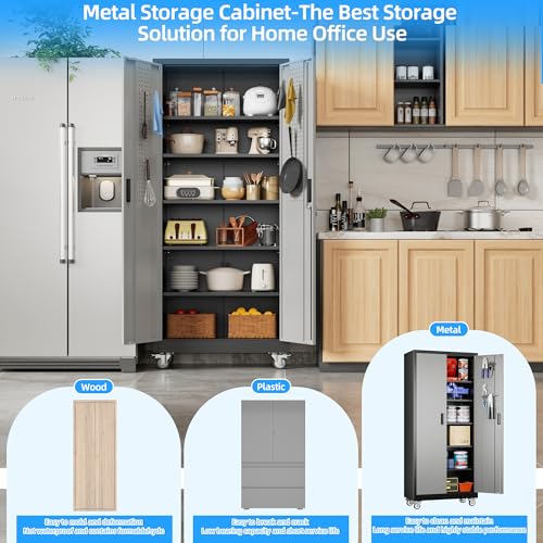 Image of Aobabo Upgrade 71H''*34''W*18''D Metal Garage Storage Cabinet with Wheels and Pegboards, 5 Adjustable Shelves Steel Storage Cabinets for Home,Warehouse,Garage,Assembly Required,Black Gray