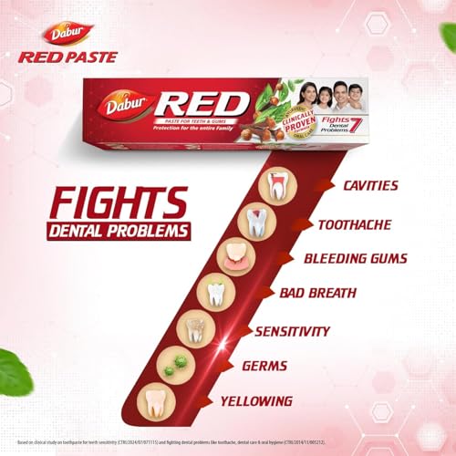 Image of Dabur Red Toothpaste - 350g (175g x2) Family Pack with Toothbrush | Fluoride Free| Helps in Bad Breath Treatment, Cavity Protection, Plaque Removal | For Whole Mouth Health| Power of 13 Potent Ayurvedic Herbs