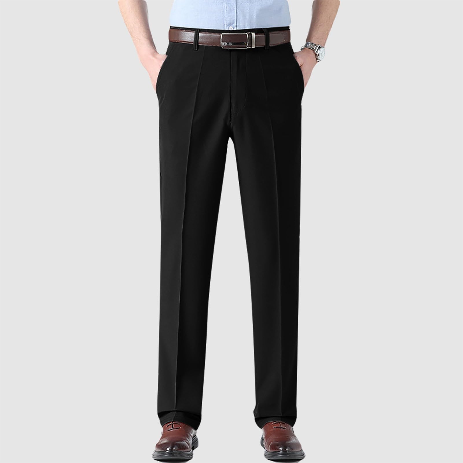 Generisch Pantalon de costume élégant pour homme, coupe droite avec plis à la taille et poches pour le bureau, le travail, le serveur (printemps été)