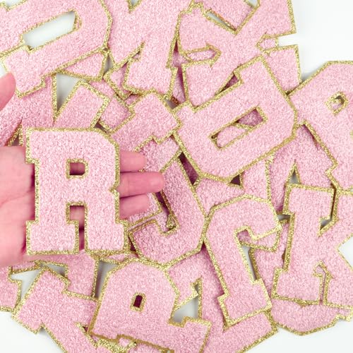 Morcheiong Lot de 26 grands écussons en chenille avec lettres de A à Z autocollantes pour vêtements, 7,9 cm (rose clair)