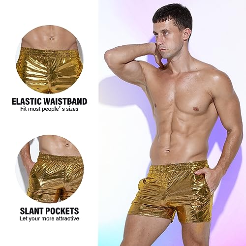 GENEMEN Shorts masculinos metálicos sexy boxers festa boate rave shorts com bolso, Dourado, G