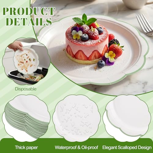 Image of NatNarr 30 Pcs Sage Green and White Paper Plates, 9 Inch White Plates with Sage Green Trim Scalloped Paper Plate Disposable for Baby Shower, Wedding, Bridal Shower, Birthday