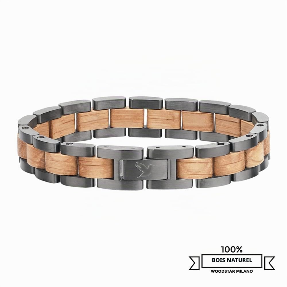 WOODSTAR (SILVER DARK CROCODILE) Bracelet pour Homme en Acier et Bois, Bijoux Écologiques Naturels Réglable B19-001