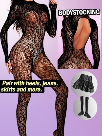 Women Sexy Fishnet Bodysuit, Lace Leopard Jumpsuit Full Body Stockings Mesh Lingerie, One Piece Party Festival Rave Outfits - Image 4