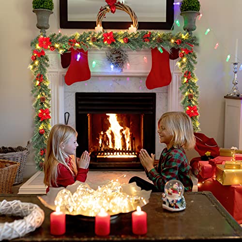 6 FT Pre-Lit Christmas Garland for Front Door, Battery Operated Xmas Garland with 20 LED Lights Red Flower Pinecones Ball Ornaments for Fireplace Mantel Porch Christmas Indoor Outdoor Decor