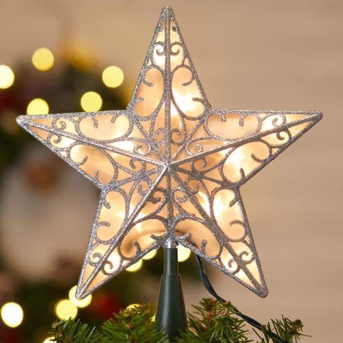 Christmas Star Tree Topper, Plug In Sliver Glittered 3D Star Tree Topper, Metal Hollow Designed Built In 10 Bulbs String Lights For Christmas Tree Decoration New Year Holiday Home Office Indoor #TOP4