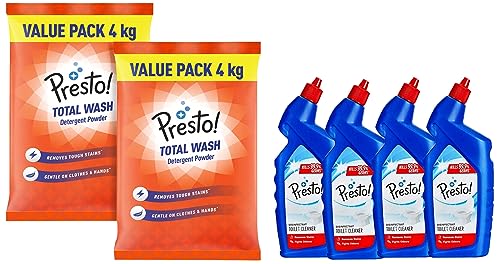 Image of Amazon Brand - Presto! Total Wash Detergent Powder, Twin (4 Kg + 4Kg) Pack Amazon Brand and Disinfectant Toilet Cleaner - 1 L (Pack of 4)