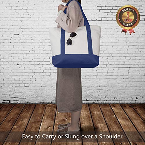 Image of TOPDesign 1-Pack Canvas Tote Bag with an External Pocket, Reusable Grocery Shopping Bag, Top Zipper Closure, Daily Essentials (Blue /Natural)
