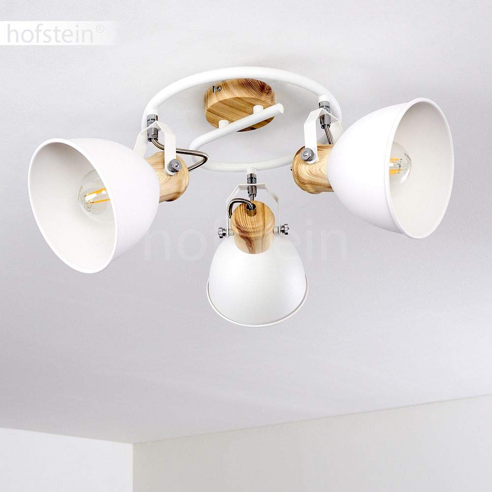 Plafoniera Banjul, plafoniera rotonda in metallo con ottica bianca/legno, a 3 luci, con faretti regolabili, 3 x attacco E27, spirale in design retrò/vintage, senza lampadina/e