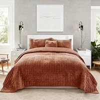 COCOPLOCEUS Quilt Set King Size 98x106 Luxurious Velvet Bedding Sets with 2 Pillow Shams 20x36 3 Pieces Ultra Soft Quilted Bedspread Coverlet Comforter for All Season,Rust