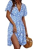 Yutdeng Vestido Mujer Verano Casual Vestidos de Mujer Manga Corta Cuello en V Elegante Midi Vestido Playa Ajustado Chiffon Ligero Vestidos Informal Boho Estampado Floral Dress Chic Volantes Vacaciones