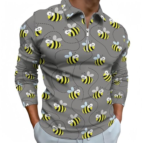 Polo à manches longues pour homme gris zippé, t-shirt de golf et haut d'automne casual imprimé