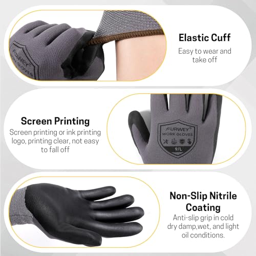 FURWEY Safety Work Gloves,16 Pairs Micro-Foam Nitrile Coated Glove for Men and Women, Touchscreen, Ideal for Warehouse Package Handling,Construction, Gardening, Medium