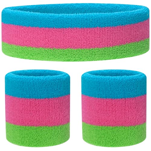 Image of ONUPGO Neon Sweatbands Set - 3 Piece Sport Headband & Wristbands for Men, Women & Kids | Moisture Wicking Athletic Sweat Bands for Running, Gym, Tennis, Basketball, Soccer | 80s Retro Style