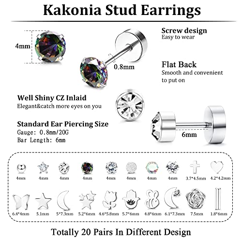 Kakonia 20 Pairs Flat Back Stud Earrings For Women Men Stainless Steel Flatback Earrings 20G Cartilage Earrings Cz Star Moon Butterfly Flower Evil Eye Small Silver Stud Earrings Set #TOP1
