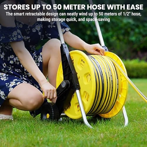 Image of ROOTS & LEAF Garden Pipe Holder with Wheels | Hose Reel Stand with Retractable Handle | Water Pipe Holder for 50M 1 /2 inch Hose | Easy-Carry Handle & Smooth-Rolling Wheels
