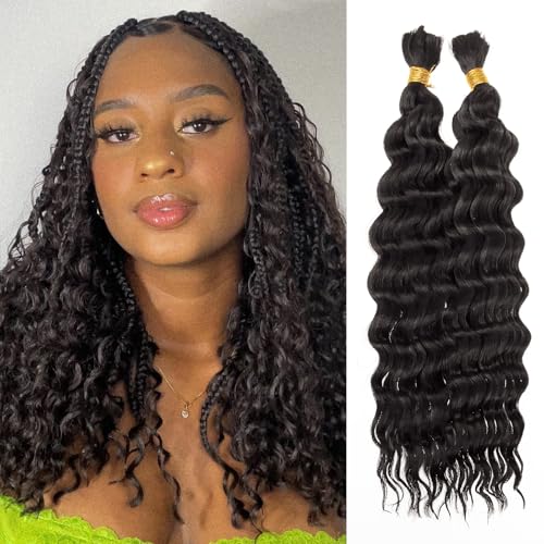 YXCHERISHAIR Boho Hair For Braiding Curly Braiding Hair for Boho Braids Black Deep Wave Bulk Hair For Women,2 Bundles Wet and Wavy Bohemian Braiding Hair Extensions No Weft(1B, 14inch)