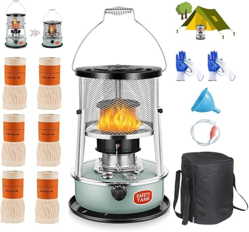 Height-Adjustable Non-Electric Indoor Kerosene Heater – Emergency Portable Heater for Power Outages, Glass Chimney Mini Heater for Camping, Yachts &amp; Boats (Green)