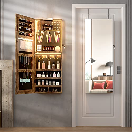 Image of Vlsrka Mirror Jewelry Cabinet with 3 LED Lights, Wall /Door Mounted Jewelry Armoire Organizer with Full Length Mirror Large Capacity Storage Hanging Cabinet, Built-in Lighted & Movable Makeup Mirror