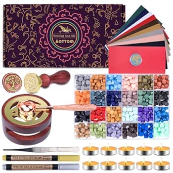 Aottom Wax Seal Stamp Kit with Gift Box, 24 Colors, 650 Pcs Beads, Warmer, Envelopes, Candles, Stamp, Metallic Pen for Gift and Decoration