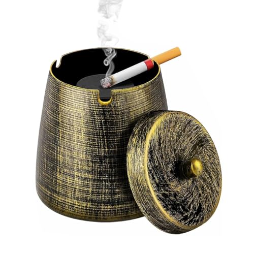 Image of HASTHIP Ashtray for Cigarette with Lid, Vintage Windproof Metal Ash Tray for Car, Office, Living Room, Outdoor, Indoor, Fancy Gift for Smokers