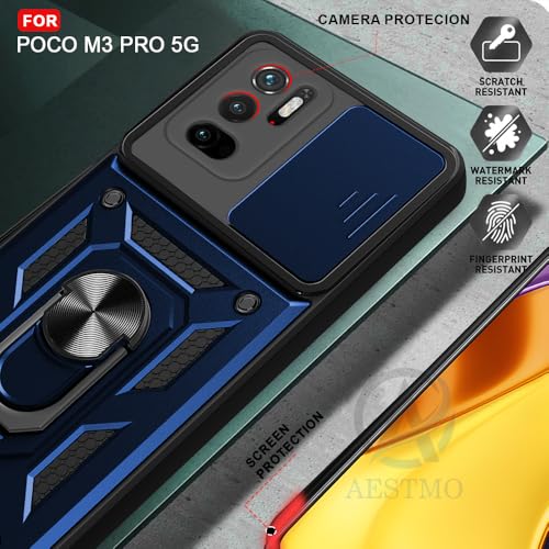 Image of AESTMO Tough Armor Compatible with Poco M3 Pro 5G / Redmi Note 10T 5G Bumper Back Case Cover | Ring Holder & Sliding Camera Shield Cover | 360 Degree Protection Back Case Cover (Blue)