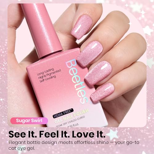 Image of Beetles Sugar Swirl Pink Cat Eye Gel Nail Polish - 15ML Full Size Pink Cat Eye Gel Polish Glitter Magnetic Translucent Glassy Effect Soak Off UV French Nail Art Manicure Gifts for Wome