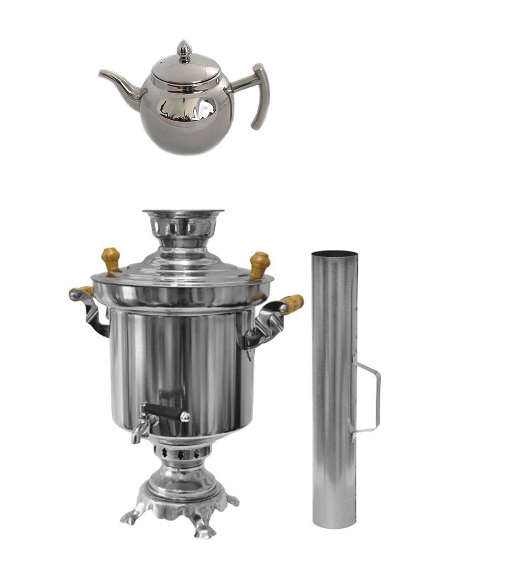 Teiera turca elettrica con bollitore a doppia parete in acciaio inox da 4 l, tazza in ceramica da 1 l, manico antiscottatura, ideale per tè russi e turchi