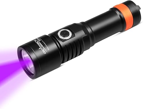 ORCATORCH D530 Scuba Dive Light, 395NM LED UV Light Blacklight, 8 Degrees Narrow Beam Angle, Titanium Alloy Side Button Switch, 2 Lighting Modes