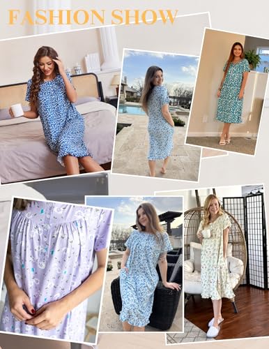 Image of Ekouaer Nightgowns for Women with Pockets Button Front Short Sleeve House Dresses Floral Print Mumu Dress