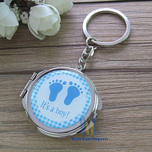 12 Pcs Baby Shower Mini Compact Mirror Keychain Favor Blue Footprint Design For Boy Gift Idea #TOP6
