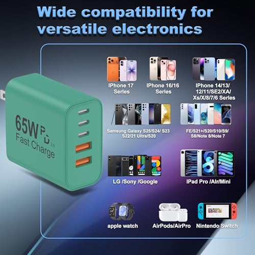 Image of USB C Charger Block, 2-Pack 65W 6-Port USB C Wall Charger iPhone Charger Fast Charging PD Power Adapter+QC Wall Plug Multiport Type C Brick Chargers for iPhone 17 16 15 14 13 12 11 Pro Max XS,Green