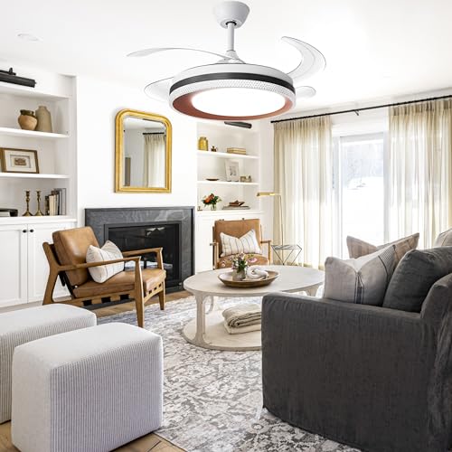 Image of Hans Lighting Ceiling fan With Color Changing LED Light and 4 Speed Retractable Blade and,Remote control (White)